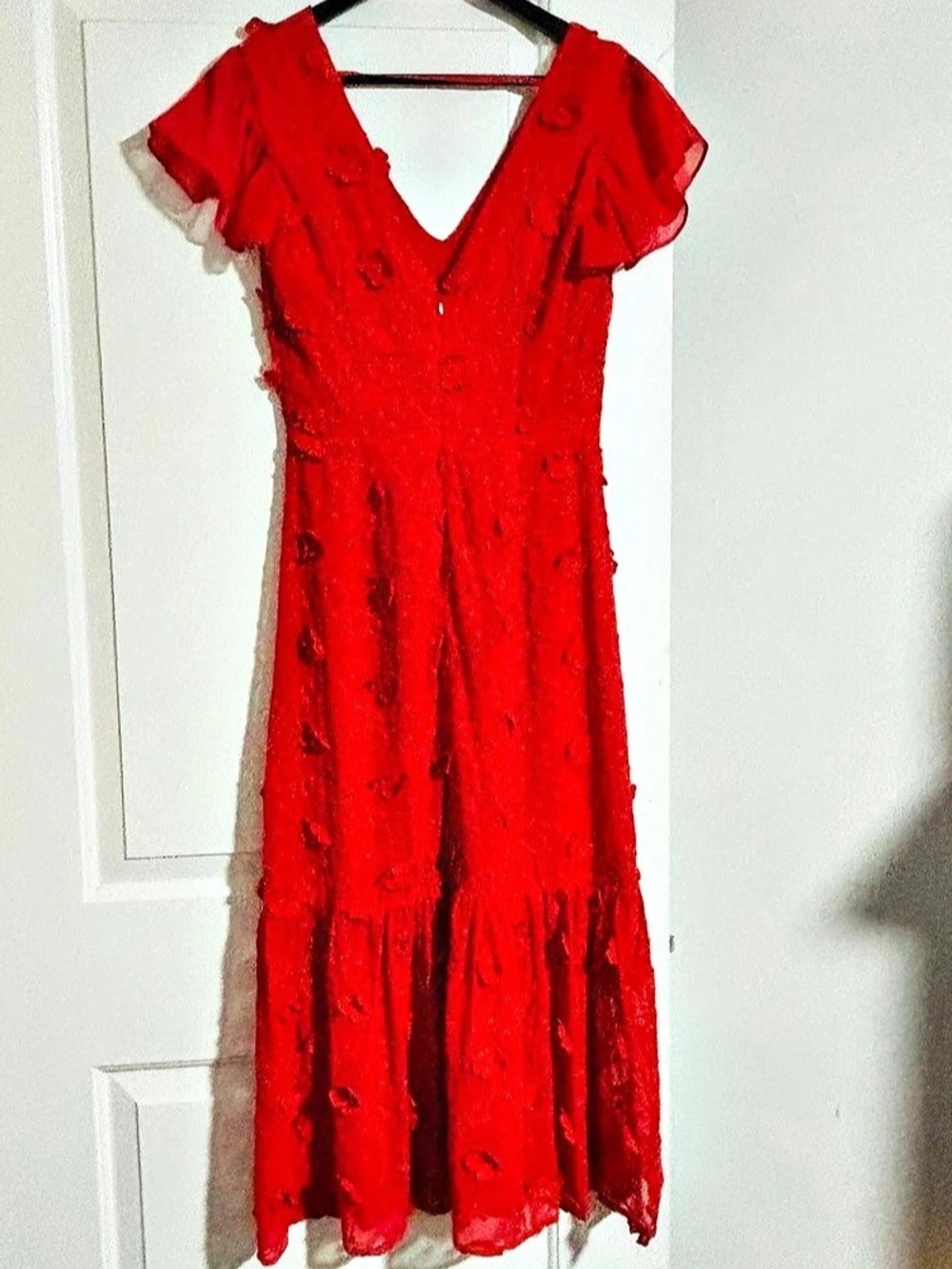 La Maison Talulah Scarlett Ruffle Midi Dress Floral Ruffle Midi Dress in Red